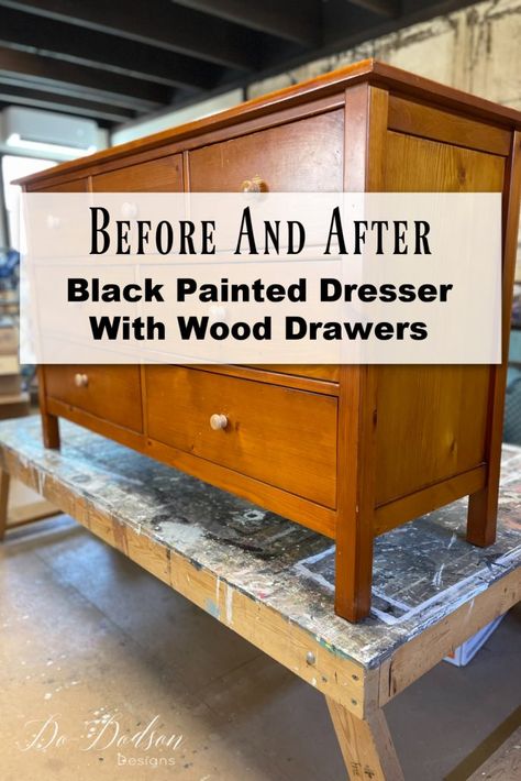 Dresser Flip Black And Wood, Wood Dresser With Black Drawers, Redo A Dresser Ideas, Refinished Dresser Black And Wood, Black And Wood Dressers, Dresser Makeover Black And Wood, Black And Wood Dresser Makeover, Black Dressers Bedroom, Black Dresser Ideas