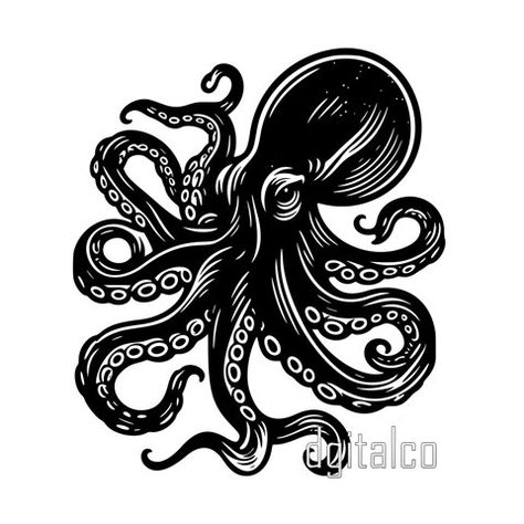 Octopus T Shirt Design, Traditional Tattoos Nautical, Octopus Flash Tattoo, Old School Tattoo Octopus, Old School Kraken Tattoo, Black Bold Tattoos, Octopus Vector, Trad Octopus Tattoo, Octopus Illustration Graphic Design