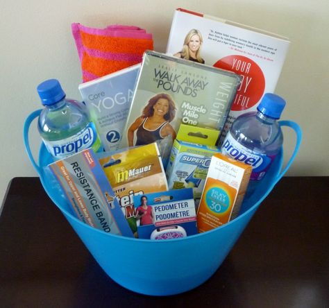 gift basket, wellness, mindset, pedometer, workout dvd, strength training, weight Healthy Raffle Basket Ideas, Marathon Gift Basket, Yoga Gift Basket, Fitness Gift Basket, Movement Challenge, Auction Gift Basket Ideas, Tricky Tray, Wellness Mindset, Healthy Gift Basket