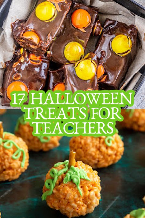 Yummy halloween treats for teachers October Teacher Treats, Halloween Treats For Students, Halloween Pumpkin Cookies, Pumpkin Yogurt, Monster Treats, Spooky Dinner, Halloween Pumpkin Diy, Halloween Teacher Gifts, Treat Bar