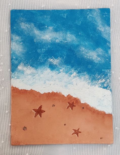 Easy beach and waves painting tutorial using acrylics and sponge. Beach Drawing Acrylic, Canvas Painting Ideas Beach Easy, Ocean Simple Painting, Sponge Effect Painting, Drawing Beach Easy, Beach Simple Painting, Easy Waves Painting, Drawing Beach Ideas, Painting Ideas Ocean Easy