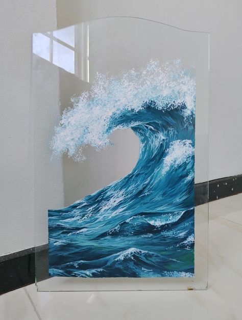 A detailed painting of a wave with acrylics with a hint of realism on glass Oil Wave Painting, Drawings On Glass Ideas, Glass Painting Using Acrylic Paint, Beach Waves Acrylic Painting, Glass Wave Art, Ocean Wave Acrylic Painting, Ocean Wave Watercolor, Beach Wave Painting Acrylic, Paintings Of Waves