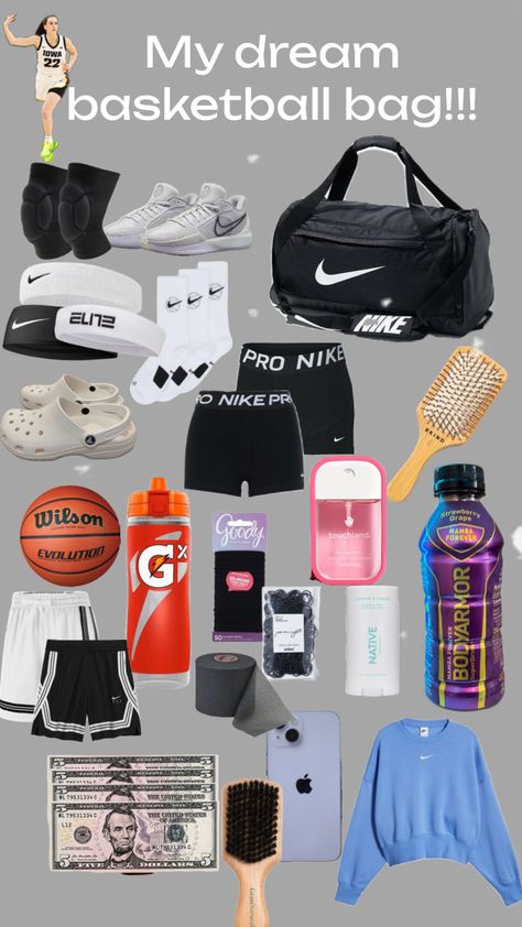 I have some of this stuff but I’m just saying it’s my dreammmm 🏀✨🤫 Basketball Swag, Sports Bag Essentials, Casual Athletic Outfits, Basketball Tryouts, Basketball Jersey Outfit, Basketball Workouts Training, Uconn Womens Basketball, Basketball Stuff, Basketball Moves