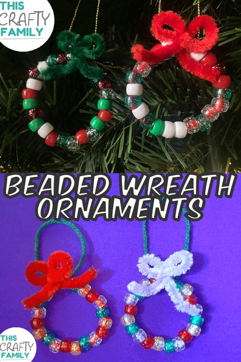 Cute pipe cleaner and bead Christmas wreath tree ornament craft for kids. Homemade Christmas craft idea Pipe Cleaner Bead Ornaments, Pipe Cleaner Christmas Crafts For Kids, Wreath Ornaments For Kids, Beads And Pipe Cleaner Crafts, Christmas Pipe Cleaner Ornaments, Pipe Cleaner Ornaments For Kids, Crafts With Beads For Kids, Christmas Craft With Pipe Cleaners, Pipe Cleaner Wreath Ornament