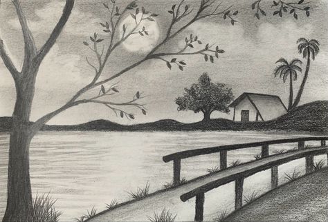 Landscape Shading Drawing, Shading Drawing Scenery, Nature Pencil Drawings Easy, Scenery Sketch Drawing, Landscape Shading Pencil, Pencil Nature Drawings, Village Drawing Pencil, Shading Drawing Sketches Artworks, Nature Sketches Pencil Beautiful