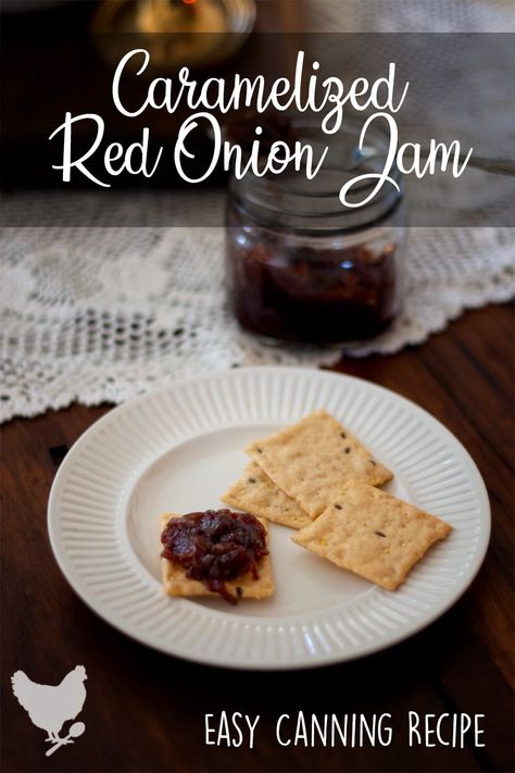 Learn how to make this delicious Red Onion Jam with caramelized onions and lightly sweetened with maple sugar. This recipe makes about 4 half-pint jars. Onion Jam Recipe, Caramelised Onion Chutney, Red Onion Jam, Savory Jam, Red Onion Recipes, Onion Chutney, Easy Canning, Caramelised Onion, Canning Ideas