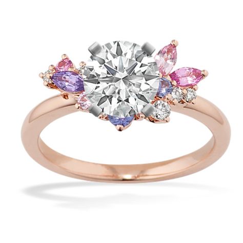 A beautiful array of natural sapphire accents in varying shapes and shades of pink and purple gives a floral look in this 14-karat rose gold engagement ring. It also features natural diamond accents for a touch of sparkle. Add the center stone of your choice to complete this dreamy design. For more information on selecting your center stone  live chat online  call a customer service representative at 1-866-467-4263  or visit one of our store locations. Lavender Sapphire Engagement Ring, Lavender Sapphire, Pink Wedding Rings, Dreamy Design, Pretty Engagement Rings, Pink Engagement Ring, Pink Sapphire Ring Engagement, Customer Service Representative, Pink Lavender