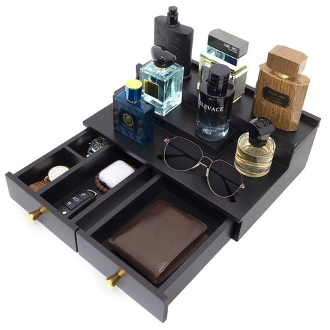 - Keep your cologne collection organized and stylish with this handsome leatherette organizer. With a built-in drawer for storing extra items, this organizer is perfect for the man who has a lot of cologne to show off. #cologneorganizer #men #leatherette