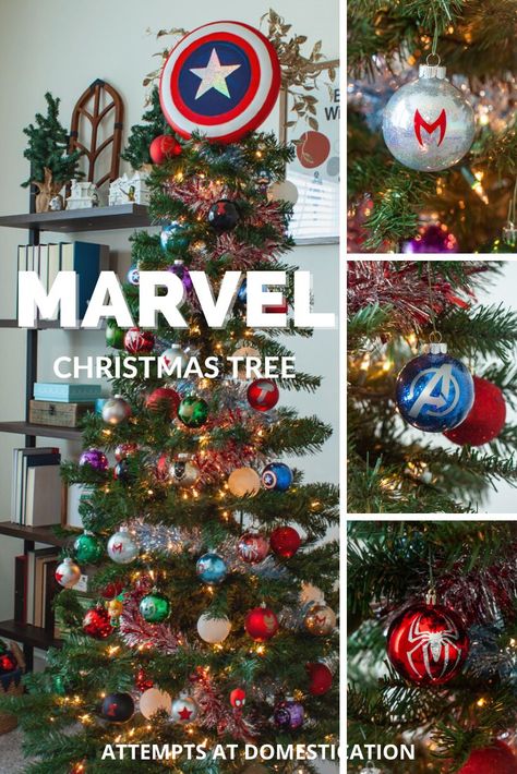 Attention all Marvel fans! Check out this fun and festive Marvel Christmas tree! Christmas Tree Superhero Ideas, Marvel Tree Christmas, Super Hero Christmas, Avengers Christmas Tree, Marvel Christmas Tree Ideas, Marvel Christmas Tree, Marvel Christmas, Star Wars Christmas Tree, Superhero Christmas