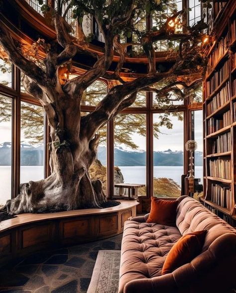 The Perfect Treehouse Home Concept: A Mini Magical Escape Treehouse Library, Tree House Interior, Luxurious Mansions, Luxury Tree Houses, House Dream, Tree House Designs, Countryside House, Renewable Sources Of Energy, Fantasy Book