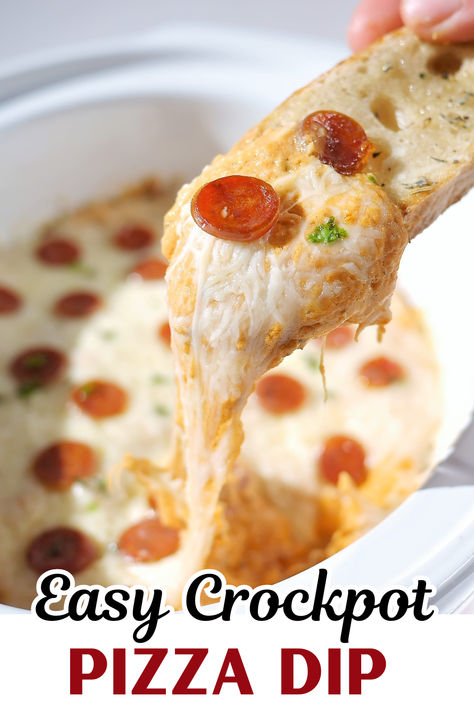 This crockpot pizza dip is made with only 6 ingredients, making it the perfect snack option to toss into the slow cooker for a party! Save this recipe for game day! Birthday Crockpot Food, Crock Pot Dip Recipes For Parties, Dip For Crockpot, Crockpot Recipes Football Parties, Game Day Crockpot Dip, Crock Pot Tailgate Food, Quick Crockpot Dips, Pizza Dip Crockpot Crock Pot, Easy Crockpot Chip Dip