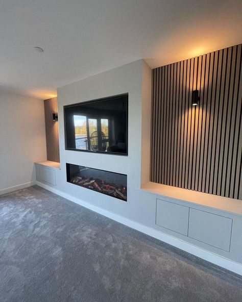 modern interior design with tv fireplace Cosy Media Wall, Acoustic Panel Media Wall, Media Wall Cladding, Living Room Cladding, Acoustic Wall Panels Living Room, Dark Media Wall, Acoustic Panels Living Room, Contemporary Tv Wall Design Modern, Accent Walls In Living Room With Tv