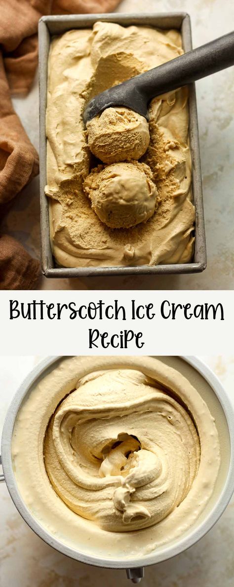 This Butterscotch Ice Cream Recipe is quick and easy to make in any two-quart ice cream machine. It combines the rich, buttery taste of butterscotch with a smooth, creamy texture that the whole family will love! Jenis Ice Cream Recipes, Vanilla Sorbet Recipes, Ice Cream Sauces Recipes, Old Fashion Ice Cream Maker Recipes, Sweet Cream Ice Cream Recipe, Cuisant Ice Cream Maker Recipes, Butterscotch Ice Cream Recipe, Butterscotch Fudge Recipes, Ice Cream Kitchenaid Recipes