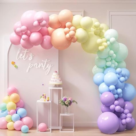 Amazon.com: HOUSE OF PARTY 140PCS Pastel Rainbow Balloon Arch Garland Kit - Balloon Arch Kit-Birthday Balloons, Globos para Decoracion de Fiestas | Ideal for Graduation Party Decorations, First Birthday Wedding : Toys & Games Pastel Rainbow Balloon Arch, Rainbow Theme Party Decorations, Floral Balloon Arch, Rainbow Balloon Arch, Rainbow Themed Birthday Party, Rainbow First Birthday, Pastel Baby Shower, Rainbow Party Decorations, Balloon Arch Kit