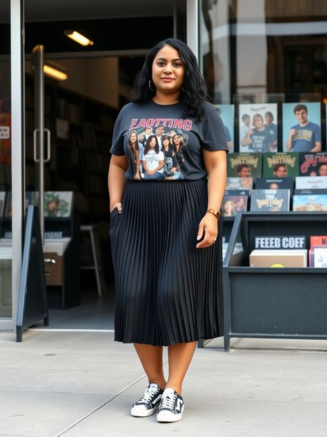 Plus Size Lunch Outfit, Fall Fashion Black Women Plus Size, Plus Size Outfits For Night Out, Plus Size Sweater Skirt Outfit, Black T Shirt Dress Outfit Fall, Plus Size Graphic Tee Outfit Ideas, Plus Size Outfits For New York, Midi Skirt Plus Size Outfits, Faux Leather Skirt Outfit Plus Size