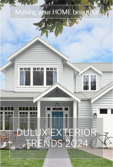 Dulux predicts a shift away from crisp whites to warm greige tones for exteriors like Dulux Dieskau and Silver Tea Set. At the other end of the spectrum dark tones like Dulux Leadman and Grid will be popular. I have all the predictions and images over on my blog. Dulux Weatherboard Exterior, Dulux Surfmist Exterior, Silkwort Dulux Paint Exterior, Weatherboard Exterior Color Schemes Dark, Dulux Monument Exterior Colour Schemes, Dulux White Exterior House Colours, External Colors Home Exteriors, Dulux White Duck Exterior, Deluxe Exterior Paint Colours