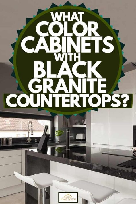 What Color Cabinets With Black Granite Countertops? - Home Decor Bliss Kitchen Blue Cabinets Black Countertop, Black Countertop Cabinet Color, Brown Cabinets Black Countertops, Contrasting Countertops, Dark Granite Countertops Kitchen, White Cabinets Black Granite, Black Granite Countertops Kitchen, Kitchen Black Counter, Black And White Backsplash