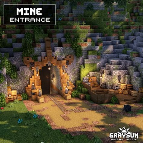 Graysun | Minecraft Content Creator on Instagram: "Minecraft - Mine Entrance🪵🪨 Save this post for later! _________________________________________ 👥️️ - Follow me @graysun.builds 📩 - Save for later 🗣 - Tag someone you would build this with ________________________________________ My builds are available for downloads on Patreon. You can find the link on my bio. _________________________________________ 🌐 - Built on: The Bakery 🎮 - Platform: Minecraft Java edition 🌄 - Shaders: Complement Mine Entrance Design Minecraft, Minecraft Cave Dungeon, Aesthetic Mine Entrance Minecraft, Minecraft Ancient Ruins Ideas, Minecraft Building Ideas Mine Entrance, Strip Mine Minecraft, Minecraft Cave City Ideas, Minecraft Mine Building Ideas, Minecraft Building Mountain