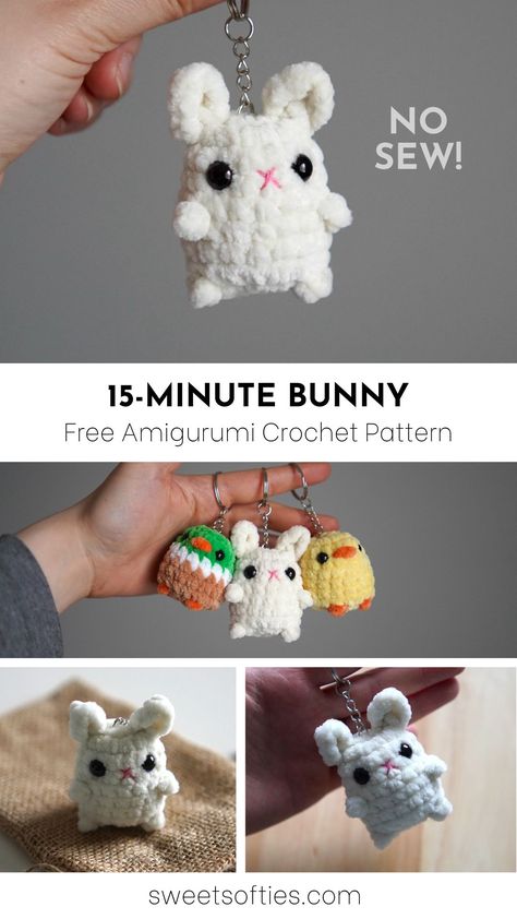 15-Minute Bunny · Free Amigurumi Crochet Pattern - Sweet Softies Cute Bunny Amigurumi Free Pattern, Free Stuff Animal Crochet Patterns, Crochet Pocket Amigurumi, Easy Mini Crochet Animals, Amigurumi Free Pattern Mini, Miniature Crochet Animals, Crochet Pattern Free Keychain, Handmade Things To Sell Ideas Make Money, Mini Bunny Crochet Pattern Free