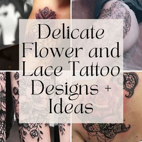 Delicate Flower and Lace Tattoo Designs + Ideas - TattooGlee Flower And Vine Tattoo For Women, Delicate Vintage Tattoo, Lace Half Sleeve Tattoo, Small Flower Sleeve Tattoo, Feminine Black Tattoos, Lace Arm Tattoos For Women, Black Lace Tattoos For Women, Tattoo Stencils Flowers, Vintage Flowers Tattoo