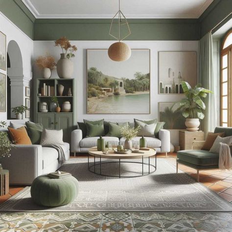 Grey Green Natural Living Room, Green And Neutral Living Room, Green And Grey Living Room, Living Room Colour Ideas, Room Colour Ideas, Green Living Room Color Scheme, Modern Living Room Colors, Sage Living Room, Grey Living Room Ideas