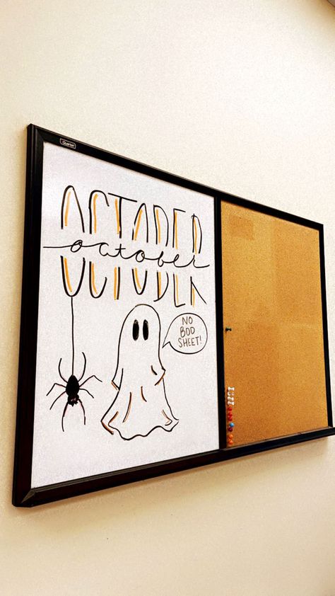 Halloween Whiteboard Art Classroom, October Marker Board Ideas, Spooky Whiteboard Drawings, Fall Dry Erase Board Ideas, September White Board Ideas Aesthetic, White Board Ideas Drawings Fall, October Calender Ideas Dry Erase, White Board Halloween Ideas, Dry Erase Halloween Art