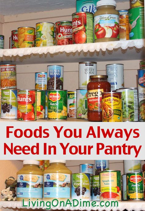 Here is a list of items that we keep stocked in our pantry virtually all the time. I plan meals around what I have in the pantry and I buy what is on sale to keep my pantry well stocked. Click here to see what you need in your pantry. Stocking Pantry List, 5 Shelf Pantry Organization, Staples To Have In Your Pantry, Must Have Food Items, Pantry Food Ideas, Stocking The Pantry, Canned Goods To Stock Up On, Make Your Own Groceries, Things To Always Have In Your Pantry