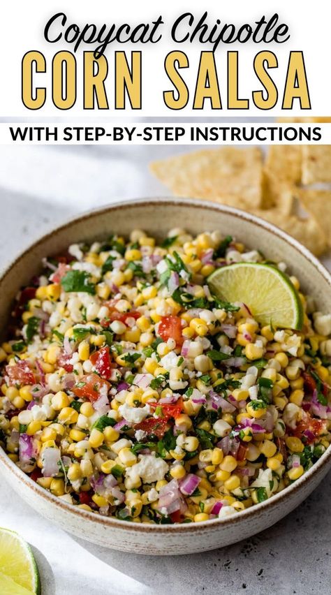 This easy homemade corn salsa recipe is even better than Chipotle because it's mega fresh and customizable to your tastes. So delish! Chipotle Copycat Recipes Corn Salsa, Homemade Corn Salsa Recipe, White Corn Salsa, Corn Salsa Chipotle, Homemade Corn Salsa, Chipotle Corn Salsa, Chipotle Copycat Recipes, Roasted Corn Salsa, Well Plated