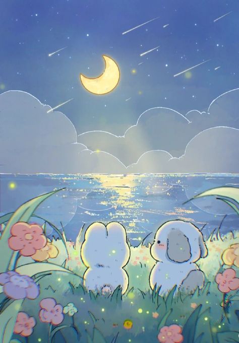 Bunny Art Wallpaper, Moon Bunny, Cocoppa Wallpaper, Bunny Wallpaper, Cute Desktop Wallpaper, Cat Character, Cute Kawaii Drawings, Cute Doodle Art, Warrior Cat