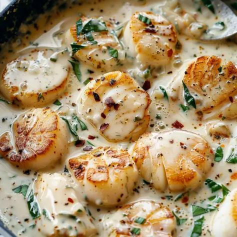 Creamy Tuscan Garlic Scallops Creamy Garlic Scallops Recipe, Italian Scallops, Tuscan Scallops Recipe, Bay Scallop Recipes Easy, Creamy Tuscan Garlic Scallops, Creamy Tuscan Spaghetti With Scallops, Scallop Alfredo, Creamy Tuscan Scallops, Tuscan Scallops