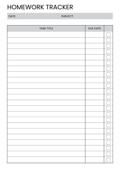 Homework tracker - B&W ultimatedigitalplanner #landscapedigitalplanner📗 Study And Homework Schedule, Study Schedule Template Free Printable, Homework Planner Aesthetic, Assignments Tracker, School To Do List Printable, Exam Tracker, School To Do List, Task Schedule, Homework Template