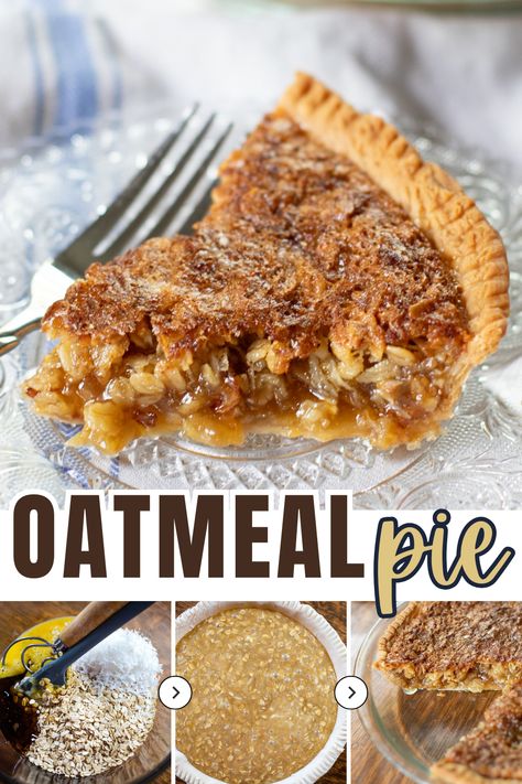 sliced piece of pecan pie with step by step photos Oat Meal Pie Recipe, Oatmeal Cookie Pie, Old Fashioned Oatmeal Recipes, Old Fashioned Oatmeal Pie, Oatmeal Pecan Pie, Oatmeal Pies, Amish Oatmeal Pie, Amish Oatmeal Pie Recipe, Oatmeal Pie Cookies