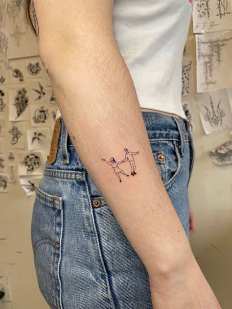 Small Dancing Tattoo, Line People Tattoo, Fine Line People Tattoo, Slow Dancing Tattoo, People Outline Tattoo, Music Fine Line Tattoo, Small People Tattoo, Two People Dancing Tattoo, Dancing Couple Tattoo