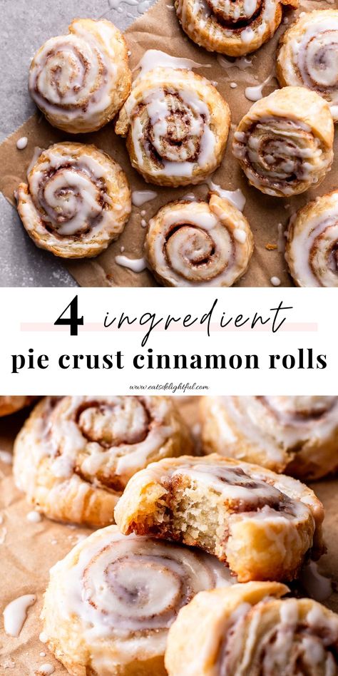 2 stacked images of iced pie crust cinnamon rolls on parchment paper: top image is overhead shot of rolls and bottom image shows closeup of one roll with bite missing Quick Breakfast Pastry, Pie Dough Cinnamon Rolls, Cinnamon Rolls With Pie Crust, Piecrust Cinnamon Cookies, Pillsbury Pie Crust Recipes Breakfast, Pie Crust Nutella Recipes, Pie Crust Chips And Cinnamon Dip, Pie Crust Cinnamon Pinwheels, Recipes To Make With Pie Crust