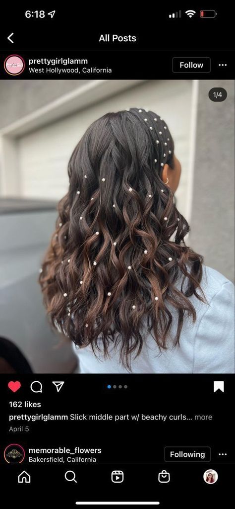 Middle Part Pearl Hair, Rhinestone Half Up Half Down, Half Up Half Down Hair With Rhinestones, Curled Hair With Diamonds, Hair Styles Graduation Cap, Prom Hairstyles Rhinestones, Prom Hair Extensions, Graduation Hairstyles For Long Hair Curls, Graduation Hair Ideas With Cap