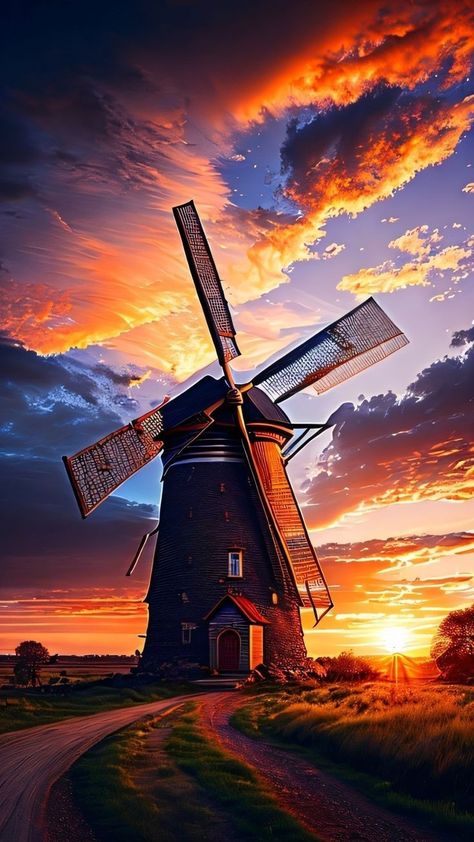 Dutch Wallpaper, Windmill Images, Beautiful Scenery Paintings, Windmill Art, Iphone Wallpaper Photography, Lighthouse Pictures, Dutch Windmills, Beautiful Lighthouse, Sunflower Wallpaper