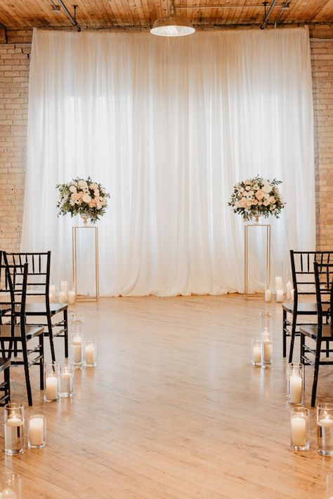 Wedding Ceremony Candles Altars, Ceremony Altar Arrangements, Diy Wedding Altar Indoor, Wedding Aisle Decorations Indoor Simple, Ceremony Set Up Indoor, Ceremony Flowers Indoor, Aisle Backdrop Wedding, Simple Altar Wedding, Indoor Aisle Decorations Wedding