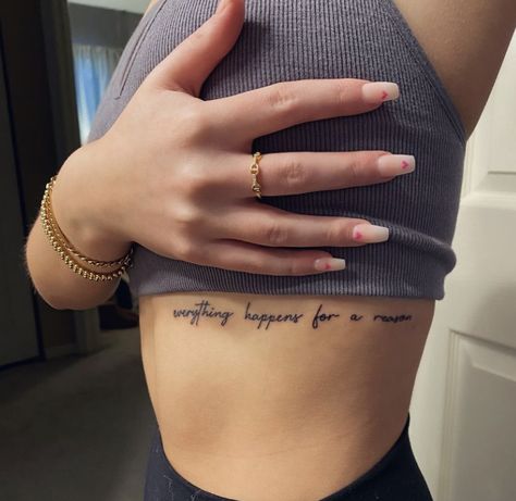 Rib Saying Tattoos For Women, Quote Tattoos Ribs, Chest Quote Tattoo Female, Writing On Ribs Tattoo, Tattoos That Can Be Hidden, Tattoos Under The Breast, Rib Tattoo Writing, Word Rib Tattoos For Women, Rib Word Tattoos For Women