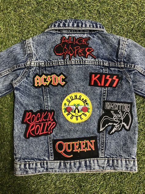 A custom band jacket for Mamas or Minis featuring band patches of your choice! Check out our huge selection on our instagram page, or shop our Etsy store! Band Patches Jacket, Patches On Jean Jacket, Embroidary Jeans, Jacket Patches Aesthetic, Patch Jacket Ideas, Rock Jean Jacket, Patched Jeans Diy, Patch Jean Jacket, 80s Jean Jacket