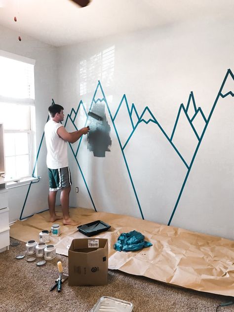 Mountain Nursery Mural Diy, Diy Geometric Mountain Mural, Easy Mountain Mural For Nursery, Painted Wall Mountains, Diy Wall Mural Nursery, Playroom Mountain Wall, Diy Mountain Wall Mural, Mountain Wall Art Kids Rooms, Mountains Mural Diy