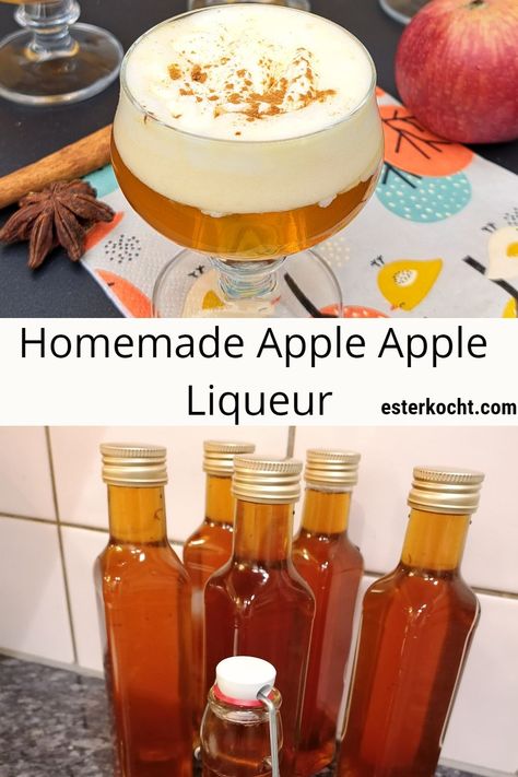 Insanely delicious and not too sweet apple liqueur recipe made with a handful of ingredients. #diy #giftsfromkitchen #christmas #howto #homemadeliquor #appleliqueur Infused Alcohol Recipes, Homemade Apple Juice, Homemade Liqueur Recipes, Making Apple Cider, Flavored Liquor, Infused Liquors, Apple Wine, Homemade Alcohol, Homemade Liquor