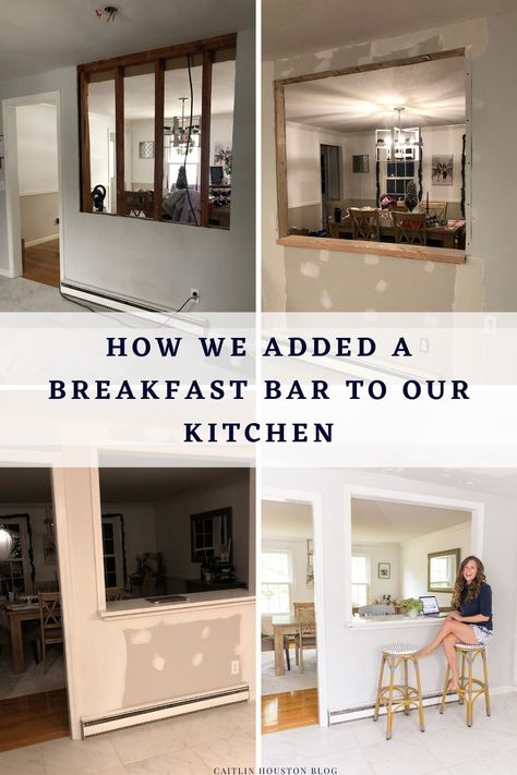 How to Add a Breakfast Bar to Kitchen - Read all about Knocking Down the Wall Between Kitchen and Dining Room to design a breakfast bar or half wall #breakfastbar #halfwall #homerenovation #diy Kitchen With Half Wall Into Dining Room, Kitchen Design Breakfast Bar, Opening From Kitchen To Living Room, Open Kitchen Half Wall, Dining Room Breakfast Bar, Open Wall Kitchen Ideas, Breakfast Bar Cutout, Add Breakfast Bar To Small Kitchen, Kitchen Opening To Dining Room