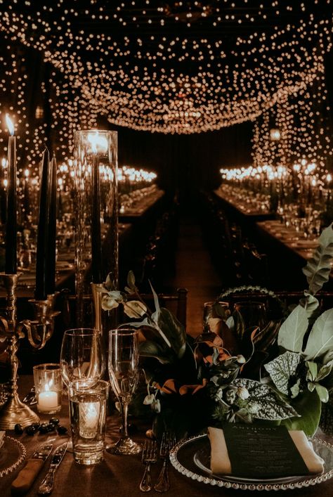 Dark Glamour Wedding, Night Luxe Wedding, Dark Fall Wedding Reception, Rooftop Reception Decor, Dark Royal Wedding Aesthetic, Dark Moody Wedding Ceremony, Dark Moody Vintage Wedding, Moody Gatsby Wedding, Dark Library Wedding