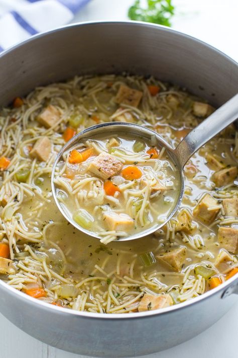 Tofu ‘Chicken’ Noodle Soup - Making Thyme for Health Tofu Noodle Soup, Gf Soup, Vegan Chicken Noodle Soup, Soup Making, Tofu Chicken, Chicken Bullion, Vegan Chicken, Chicken Noodle Recipes, Vegan Tofu