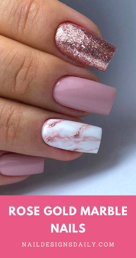 Pink With Marble Nails, Pink And Rose Gold Nails Acrylic, Pink And Rose Gold Nail Ideas, Rose Pink Nails Design, Pink And White Nail Art Designs, Light Pink Nails Marble, Rose Gold Nail Ideas Acrylic, Light Pink And White Marble Nails, Rose Marble Nails