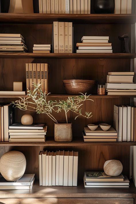 Create a Zen library in your home with Japandi interior inspiration. Explore how clean lines, natural materials, and a serene palette can transform your bookshelf into a haven of tranquility and order. 🎨📚 Zen Library, Japandi Bookshelf, Bookshelf Organizing, Minimal Bookshelf, Japandi Interiors, Japandi Interior, Living Room Loft, Small Space Gardening, Farmhouse Dining Room