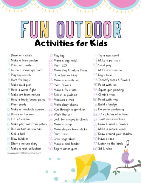 fun outdoor activities for kids printable list Fun Things To Do Outside, Fun Outdoor Activities For Kids, Aktiviti Prasekolah, Trampoline Games, Nanny Activities, Things To Do Outside, Babysitting Activities, Babysitting Crafts, Babysitting Fun