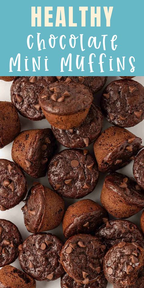 These easy healthy chocolate mini muffins are great for kids! They’re made with greek yogurt and have double the chocolate! Homemade Mini Muffins Kids, Lunchbox Muffins For Kids, Easy Breakfast Muffins For Kids, Mini Muffins For Kids Healthy, Healthy Brownie Muffins, Healthy Chocolate Mini Muffins, Healthy Cupcake Recipes For Kids, Mini Chocolate Muffins For Kids, Toddler Chocolate Muffins