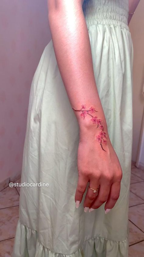 Tattoos Cherry Blossom, Tattoo Minimal, Ankle Tattoos For Women, Anklet Tattoos, Red Ink Tattoos, Tatuaje A Color, Red Tattoos, Wrist Tattoos For Women, Blossom Tattoo