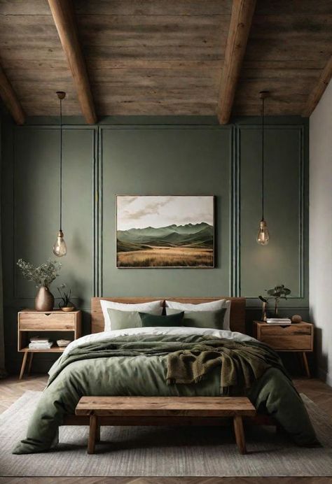 Everyone has their own understanding of how a house should look. Some feel the coziest in a small dwelling next to the woods while others dream about owning a big property with a basketball court next to a lake. Green Bedroom Walls, Green Bedroom Decor, Earthy Bedroom, Sage Green Bedroom, Green Bedroom, Green Rooms, Bedroom Green, Master Bedrooms Decor, Room Inspiration Bedroom